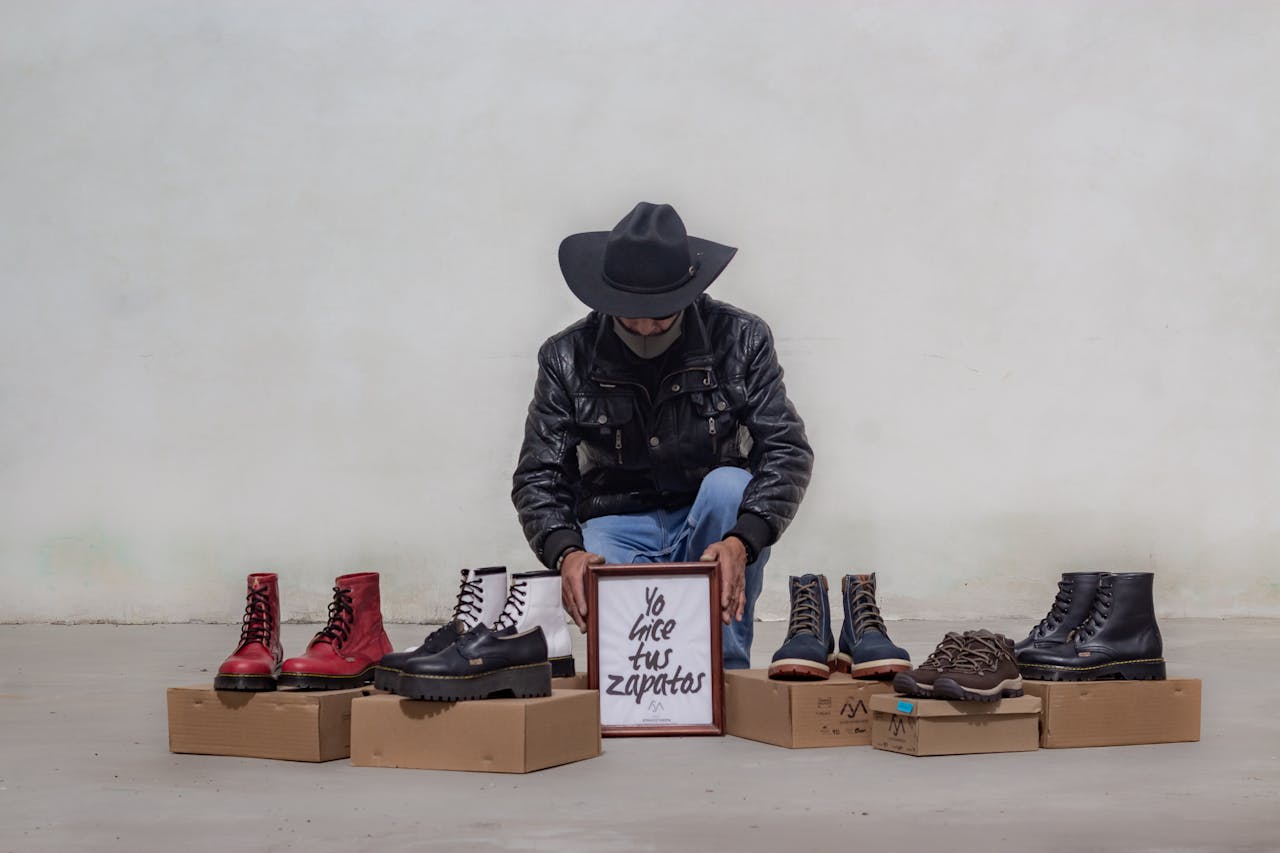Man in cowboy hat with handmade boots and a sign reading 'Yo hice tus zapatos'.